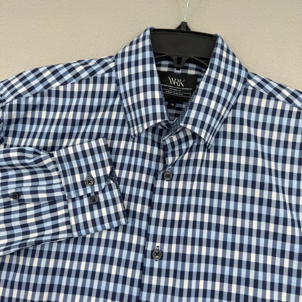 WRK Work Rest Karma Mens 16 Blue Gingham 4-Way Stretch Dress Shirt Long Sleeve